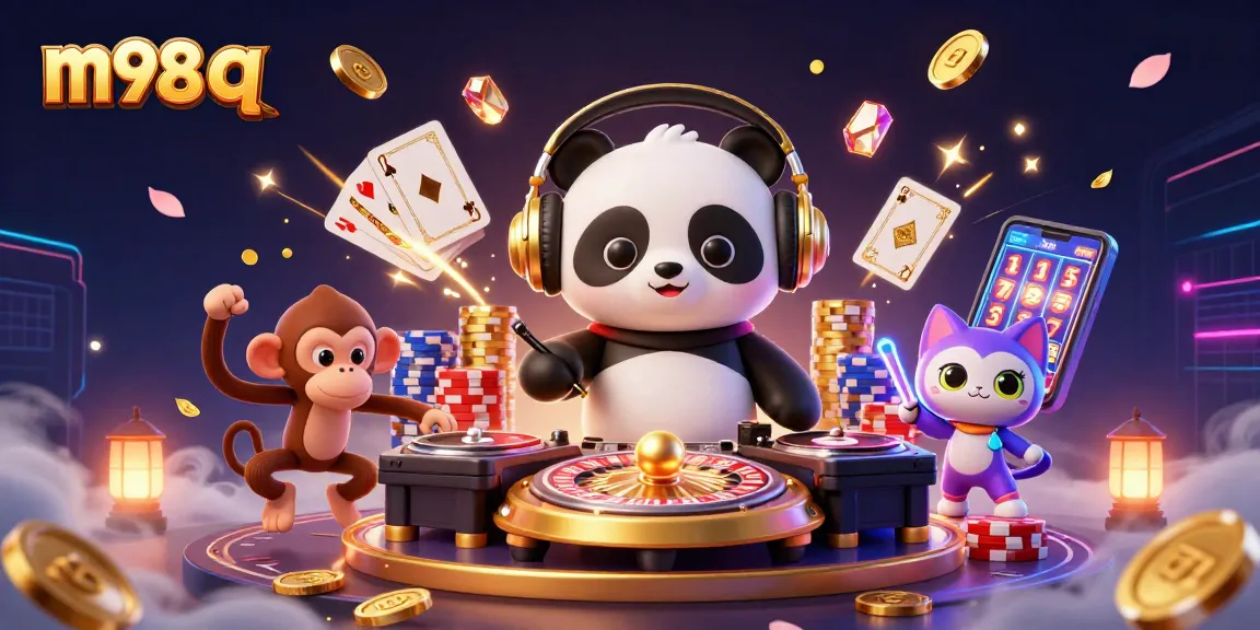 Spin and win at m98 q with DJ panda, glowing kitten, and breakdancing monkey in a vibrant casino scene.