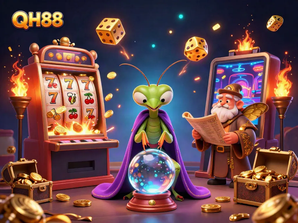 Engage with QH88's thrilling gaming experience featuring colorful casino elements and enchanting characters.