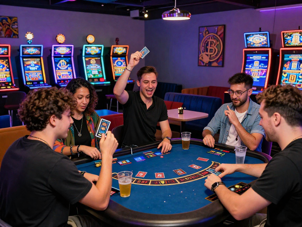 Exciting crypto casino gaming scene with friends celebrating a win at a digital blackjack table.
