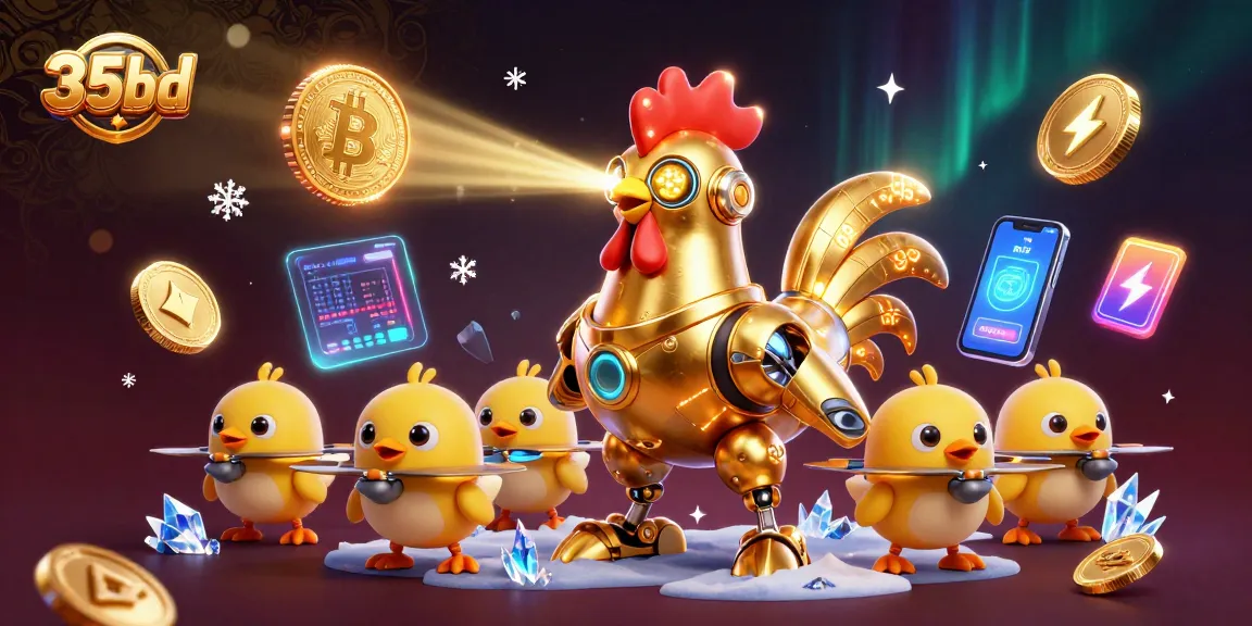 Experience the thrill of 35bd with a golden rooster robot and crypto elements in action.