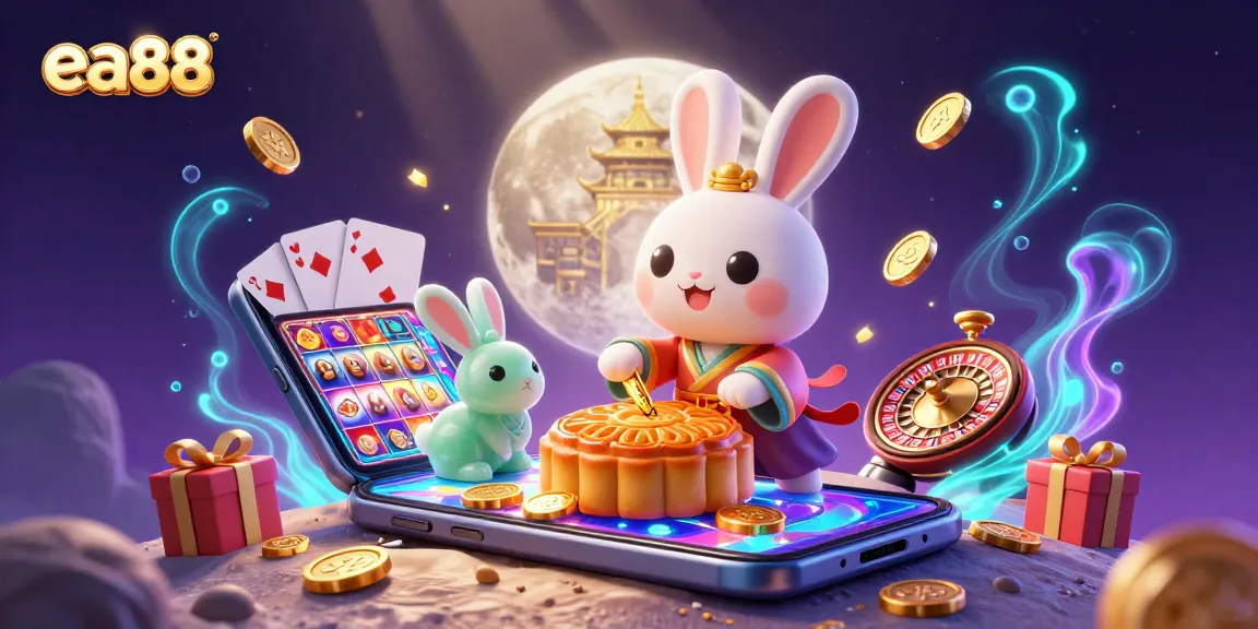 ea88 slots and games come alive as a moon rabbit reveals poker chips amidst vibrant casino elements