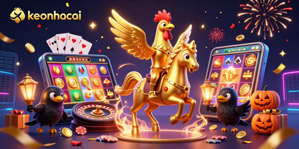 Engage with keonhacai in an exciting 3D casino scene with golden rooster and festive elements.