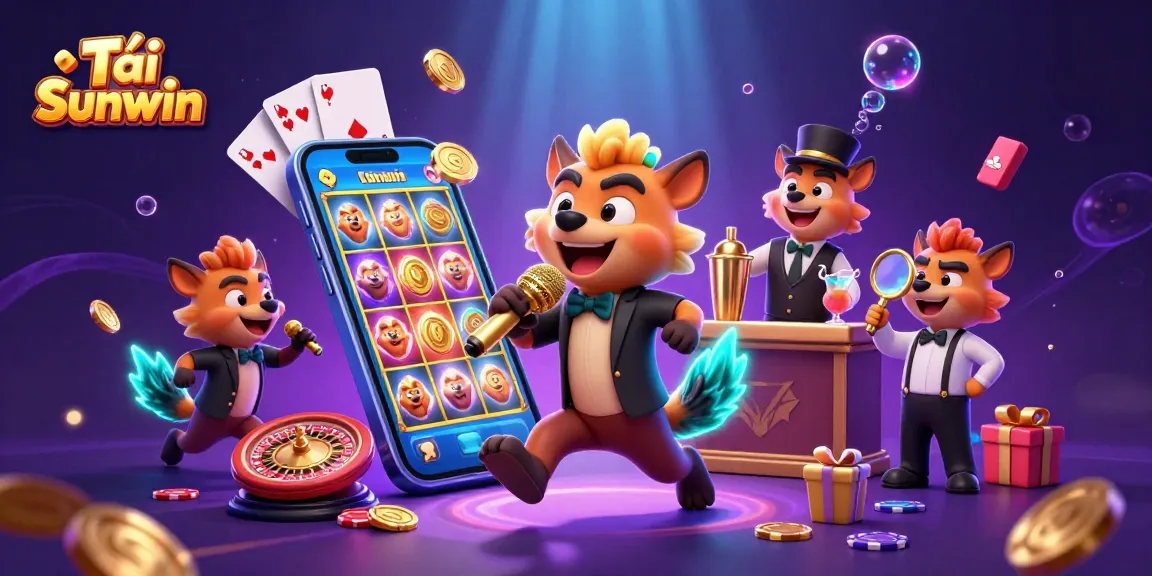 Tải Sunwin unleashes fun and excitement at an illustrated casino comedy club with vibrant characters.