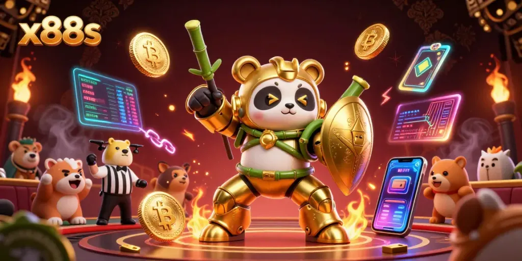 Engage in x88s casino action with a mech-suit golden panda battling in a vibrant arena.