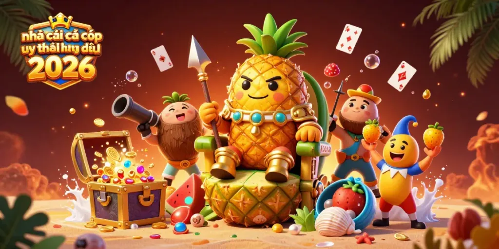 Experience the excitement of nhà cái cá cược uy tín hàng đầu 2026 with vibrant casino characters on a rich beach scene.