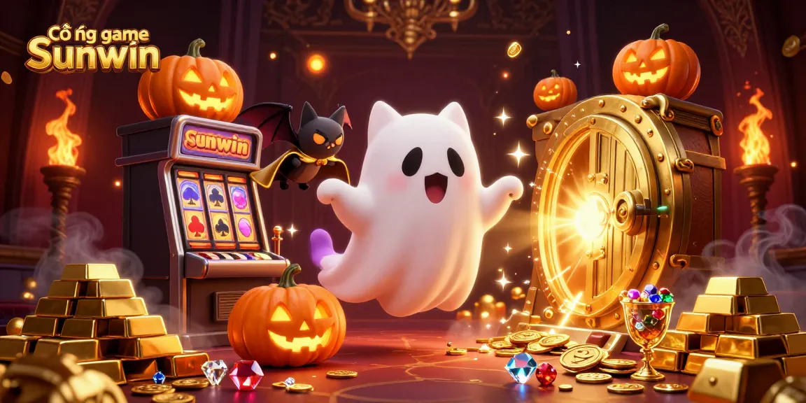 Engage with Cổng game Sunwin in a vivid haunted casino scene with ghost cats and treasure.