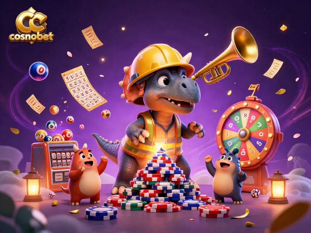 Experience cosmobet joyfully as a triceratops constructs a poker chip pyramid amidst a vibrant casino celebration.