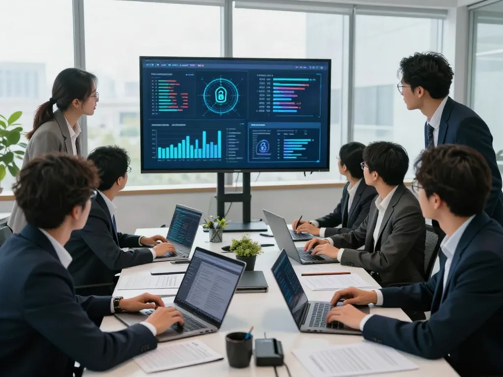 Team collaborating on cyber fraud investigation strategies in a modern office.