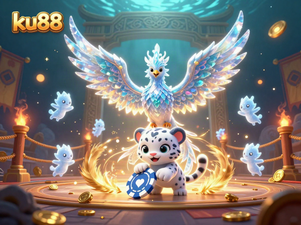 Bet on exciting games with ku88, featuring a vibrant 3D illustration of a phoenix and ice sprites.